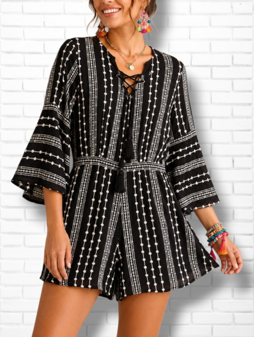 Vero Moda Black and White Embroidered Bell Sleeve Short Romper Size M